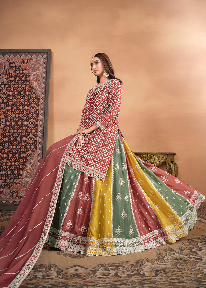 Buy Now Chinnon Peach Multicolor Embroidered Lehenga Style Suit Online in USA, UK, Canada, Germany, Australia & Worldwide at Empress Clothing.