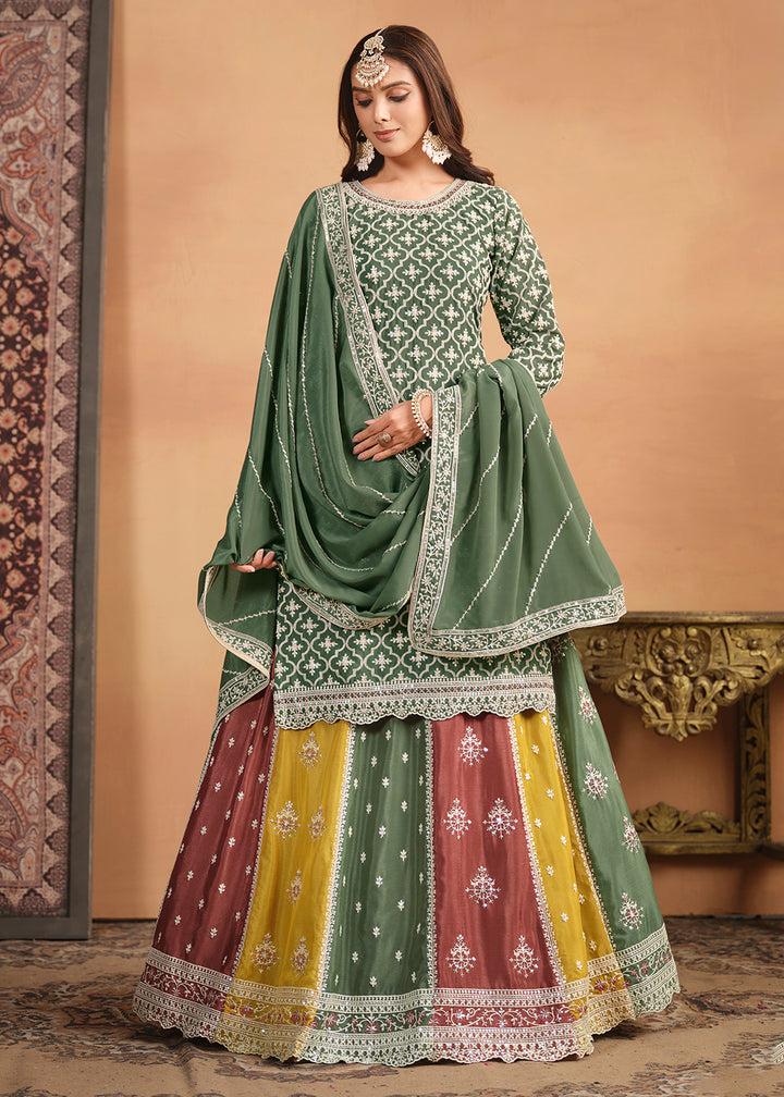 Buy Now Chinnon Green Multicolor Embroidered Lehenga Style Suit Online in USA, UK, Canada, Germany, Australia & Worldwide at Empress Clothing.