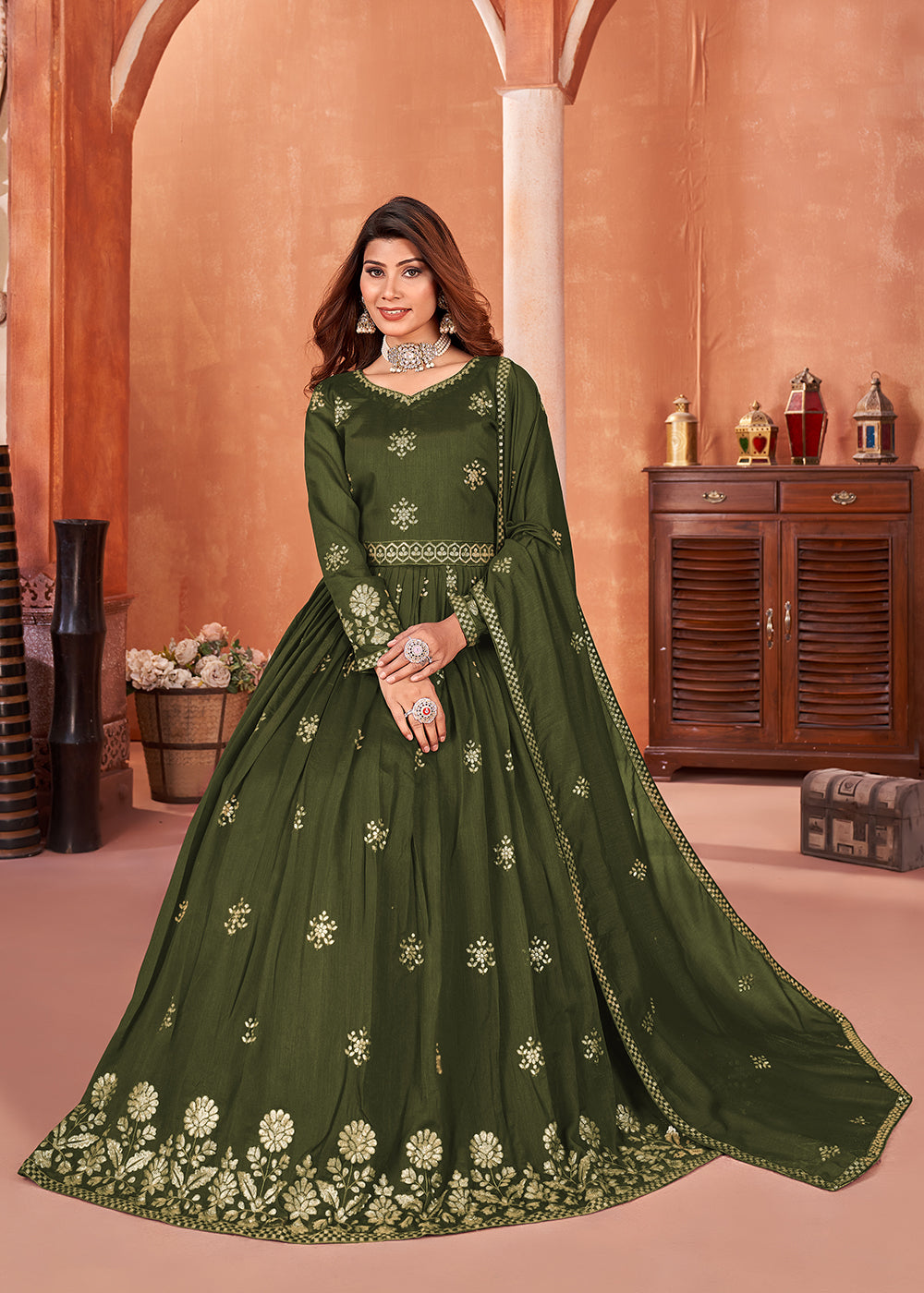 Buy Now Mehndi Green Festive Embroidered Art Silk Anarkali Suit Online in USA, UK, Australia, New Zealand, Canada & Worldwide at Empress Clothing.