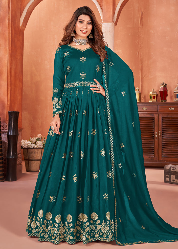 Rama Green Festive Embroidered Art Silk Anarkali Suit