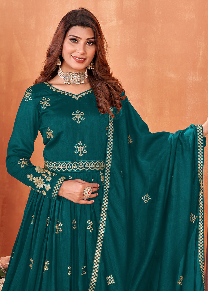 Rama Green Festive Embroidered Art Silk Anarkali Suit