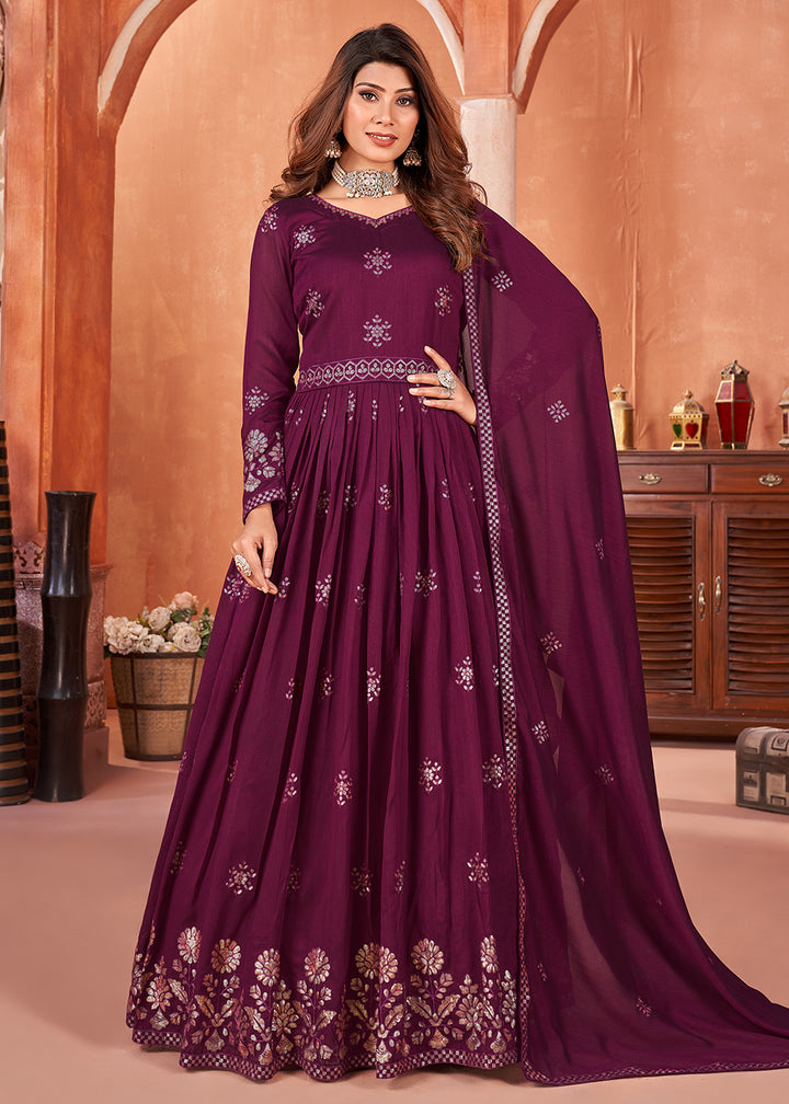 Buy Now Wine Purple Festive Embroidered Art Silk Anarkali Suit Online in USA, UK, Australia, New Zealand, Canada & Worldwide at Empress Clothing. 