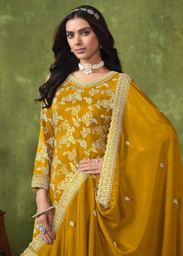 Buy Now Wedding Wear Yellow Dola Silk Jacquard Palazzo Suit Online in USA, UK, Canada, Germany, Australia & Worldwide at Empress Clothing.