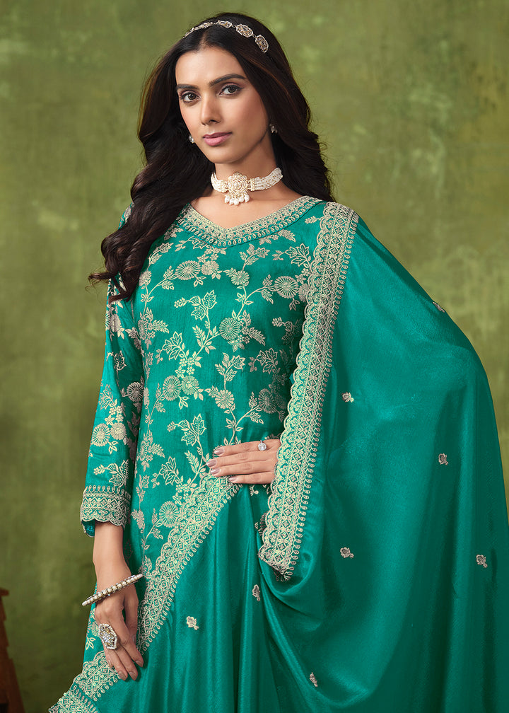 Buy Now Wedding Wear Turquoise Dola Silk Jacquard Palazzo Suit Online in USA, UK, Canada, Germany, Australia & Worldwide at Empress Clothing. 