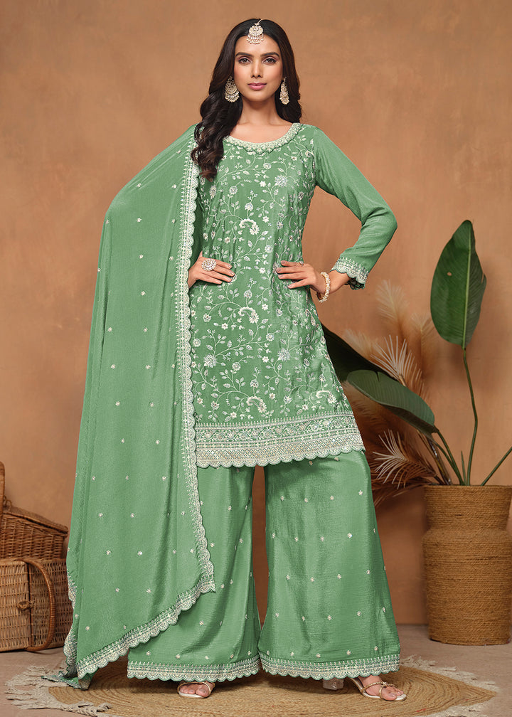 Buy Now Green Chinnon Resham & Sequins Embroidered Palazzo Suit Online in USA, UK, Canada, Germany, Australia & Worldwide at Empress Clothing. 