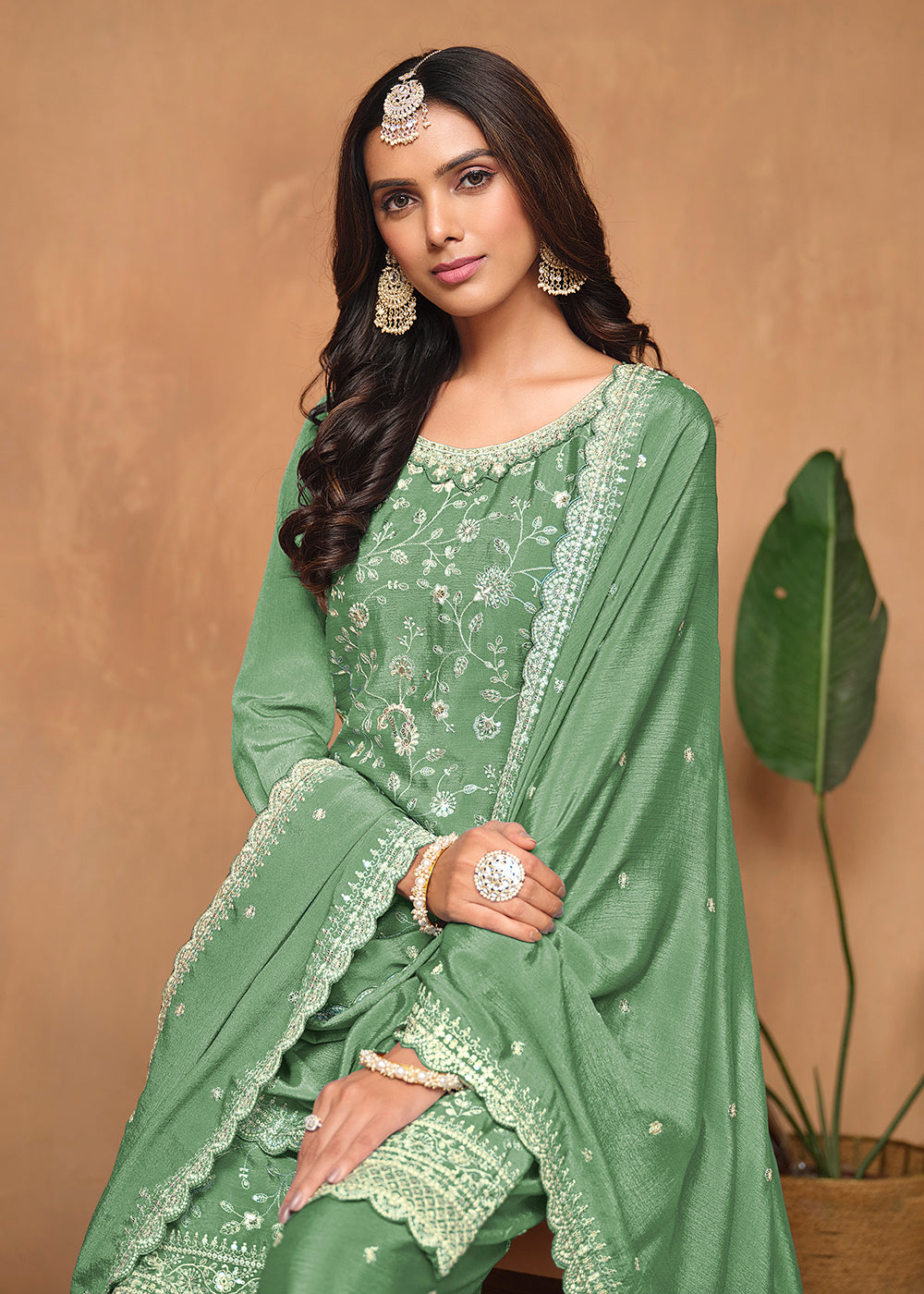 Buy Now Green Chinnon Resham & Sequins Embroidered Palazzo Suit Online in USA, UK, Canada, Germany, Australia & Worldwide at Empress Clothing. 