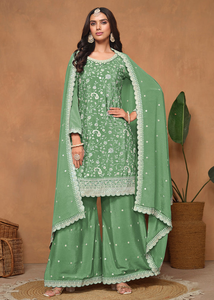 Buy Now Green Chinnon Resham & Sequins Embroidered Palazzo Suit Online in USA, UK, Canada, Germany, Australia & Worldwide at Empress Clothing. 