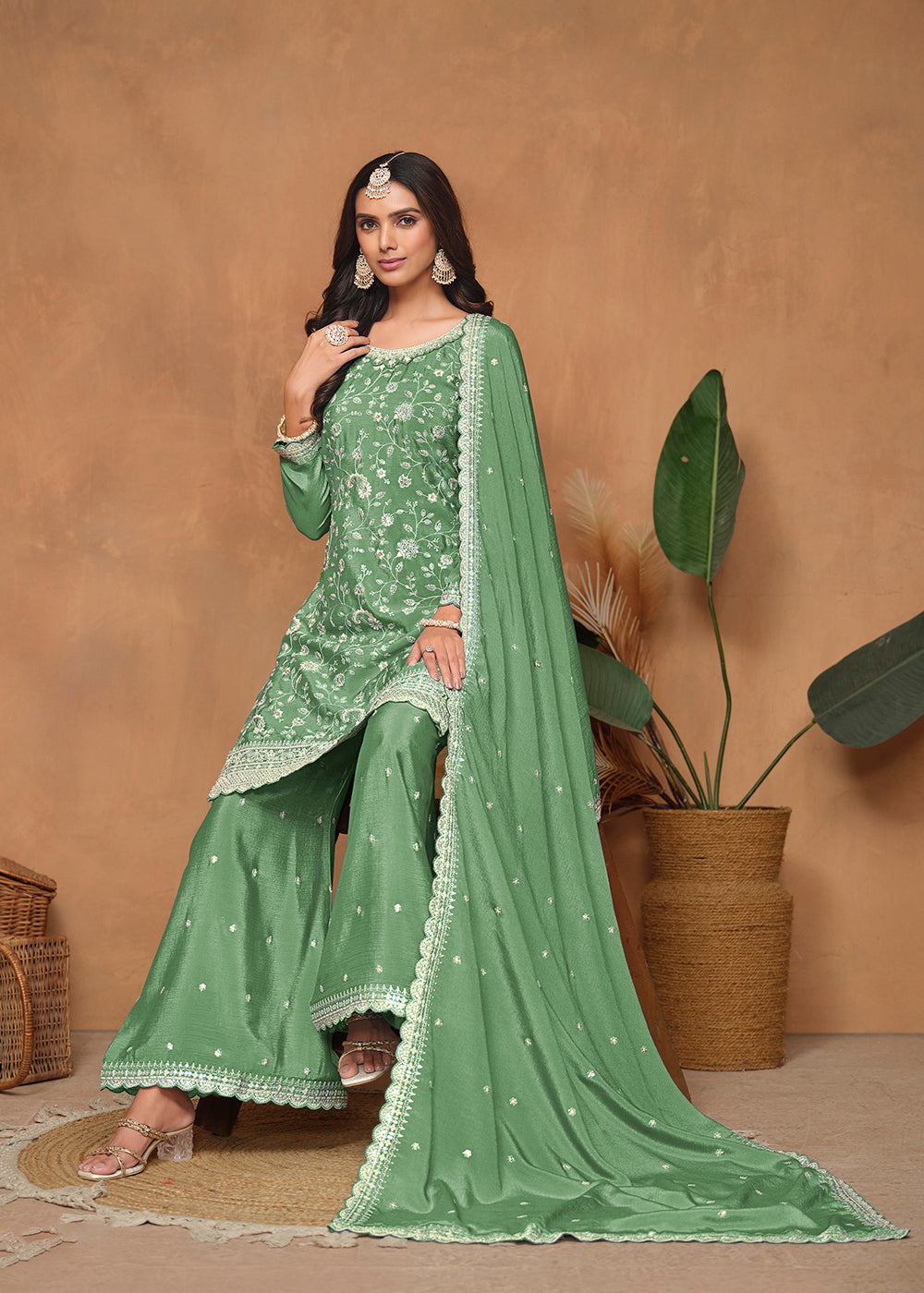 Buy Now Green Chinnon Resham & Sequins Embroidered Palazzo Suit Online in USA, UK, Canada, Germany, Australia & Worldwide at Empress Clothing. 