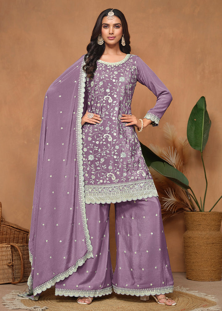 Buy Now Purple Chinnon Resham & Sequins Embroidered Palazzo Suit Online in USA, UK, Canada, Germany, Australia & Worldwide at Empress Clothing. 