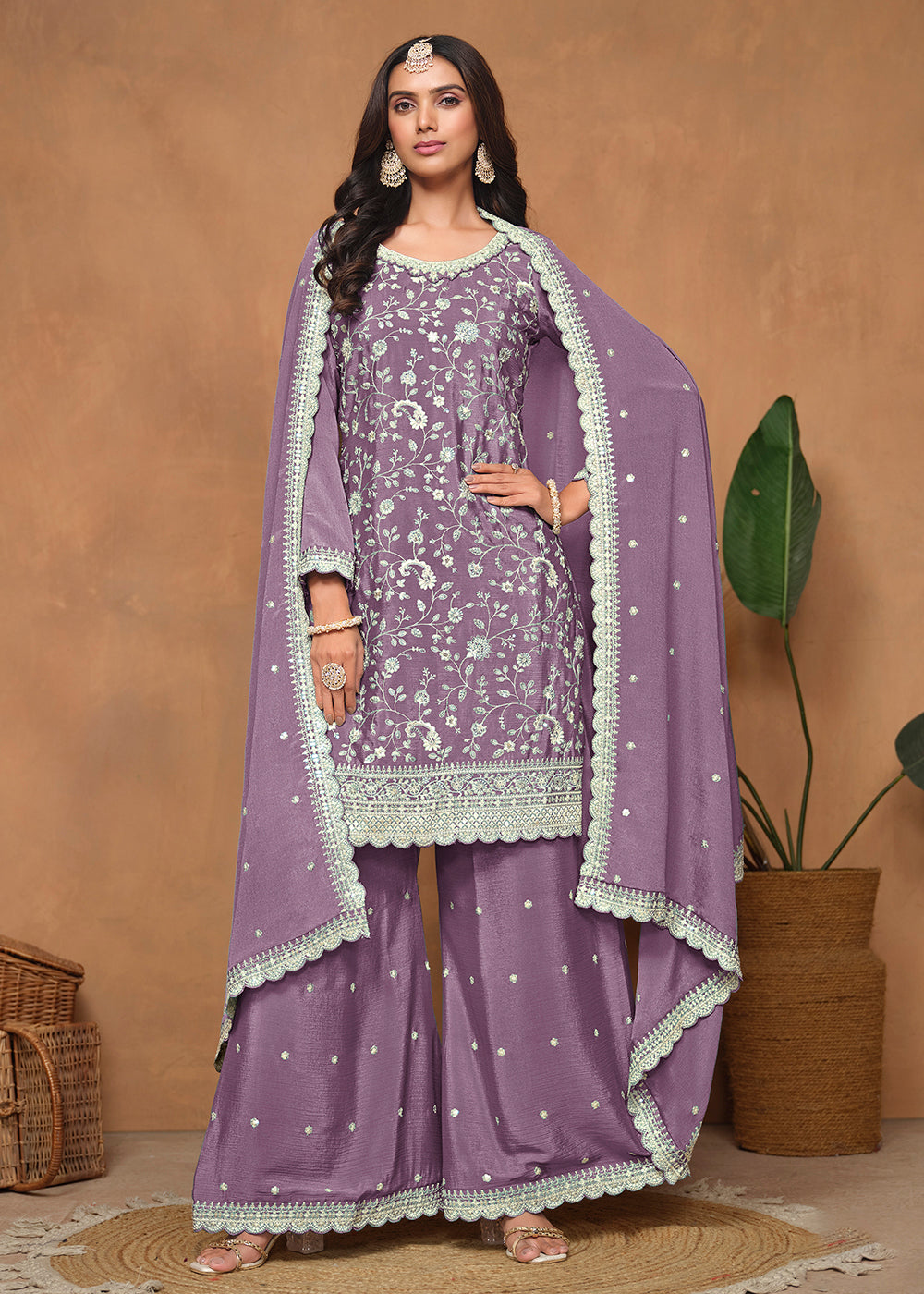 Buy Now Purple Chinnon Resham & Sequins Embroidered Palazzo Suit Online in USA, UK, Canada, Germany, Australia & Worldwide at Empress Clothing. 