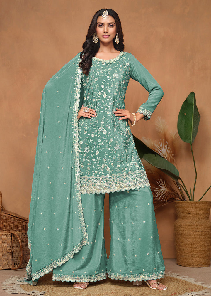 Buy Now Aqua Blue Chinnon Resham & Sequins Embroidered Palazzo Suit Online in USA, UK, Canada, Germany, Australia & Worldwide at Empress Clothing.