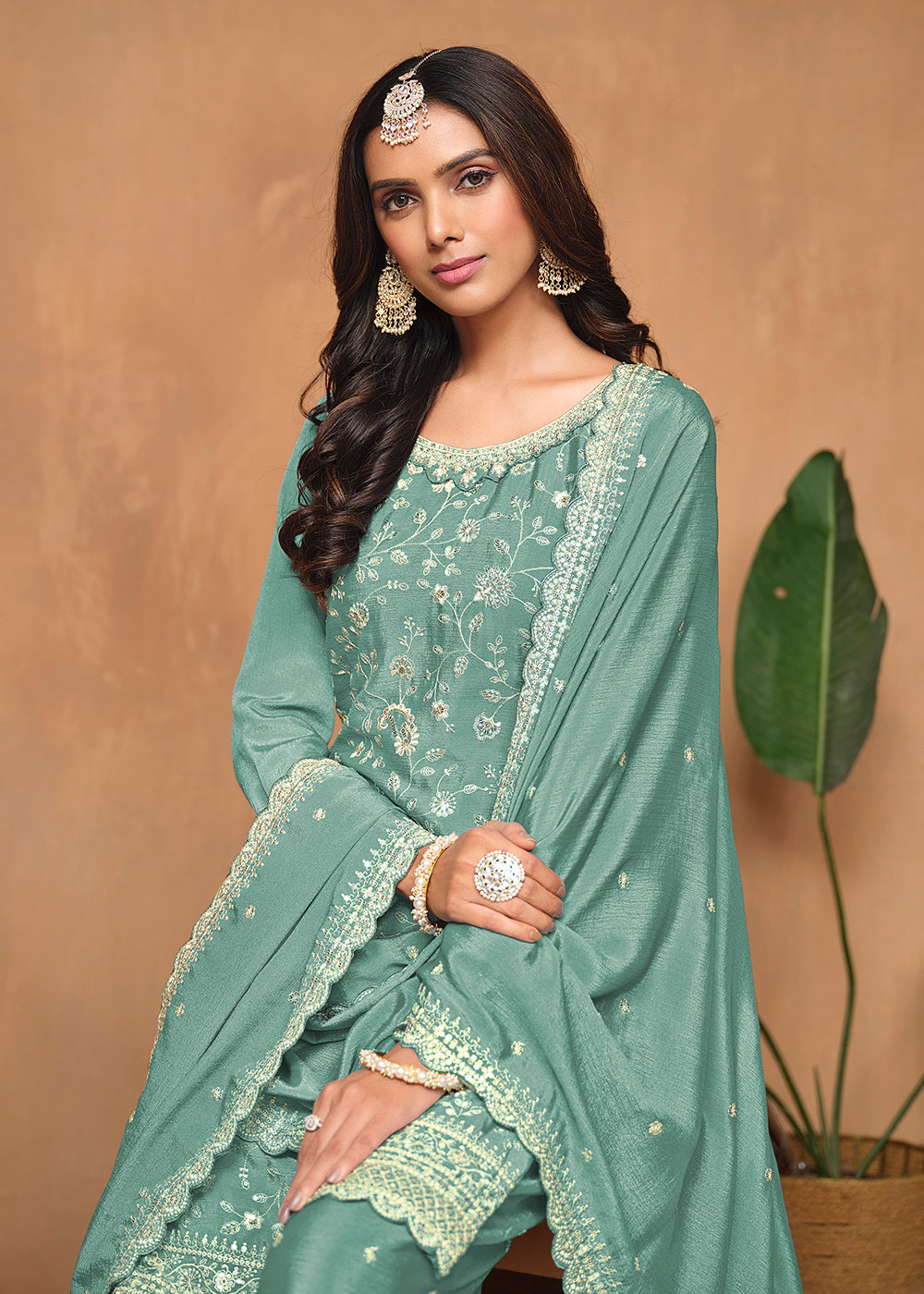 Buy Now Aqua Blue Chinnon Resham & Sequins Embroidered Palazzo Suit Online in USA, UK, Canada, Germany, Australia & Worldwide at Empress Clothing.