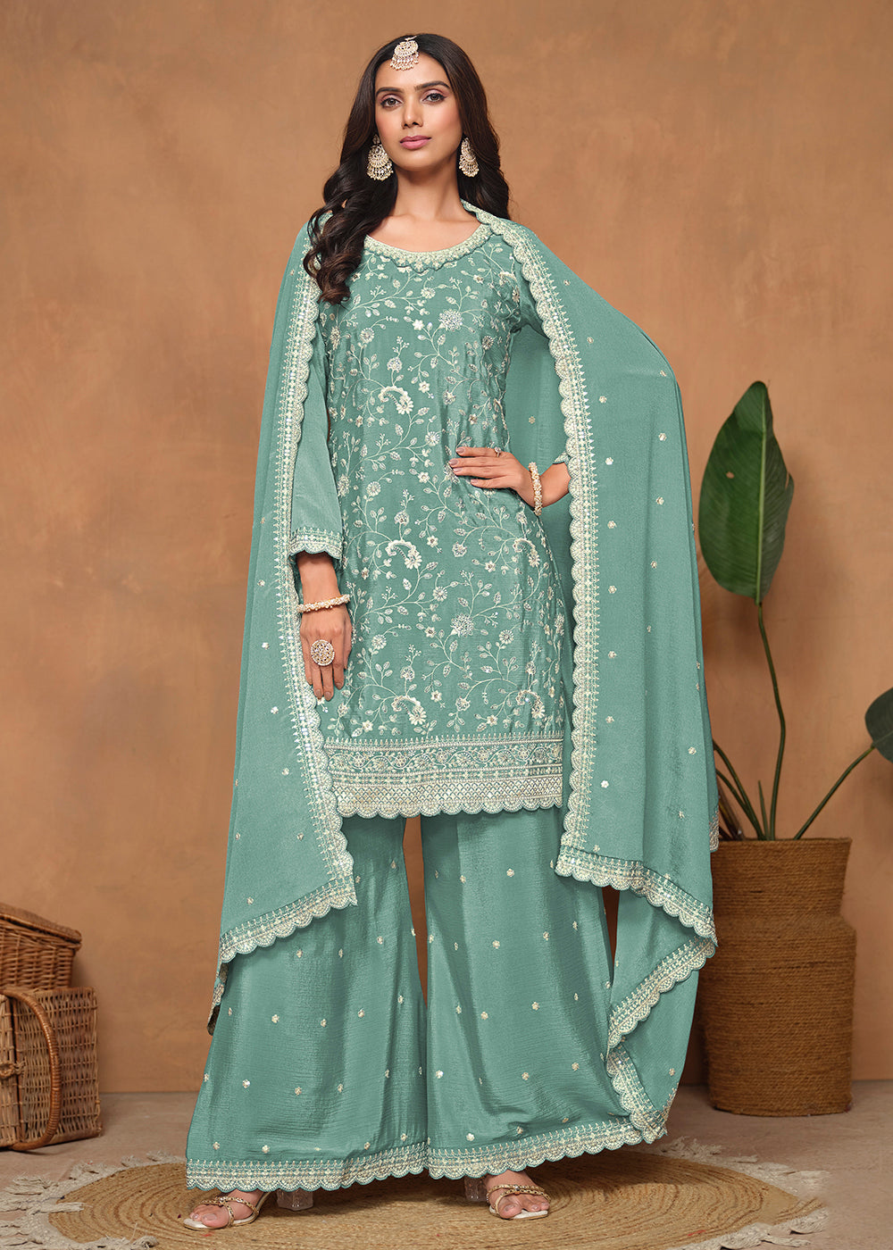 Buy Now Aqua Blue Chinnon Resham & Sequins Embroidered Palazzo Suit Online in USA, UK, Canada, Germany, Australia & Worldwide at Empress Clothing.