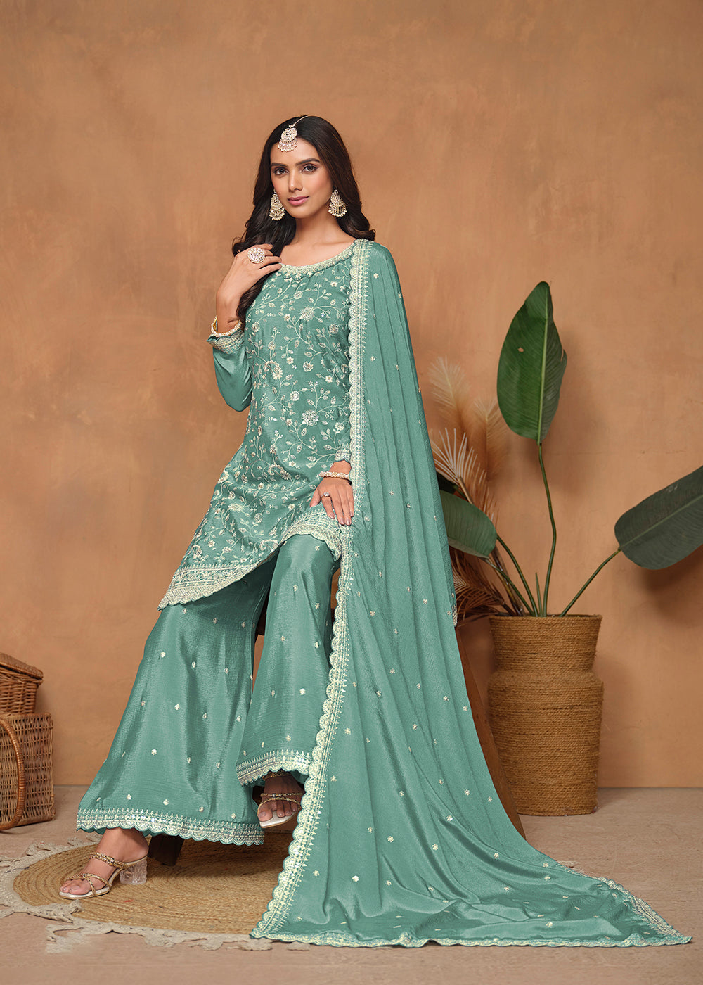 Buy Now Aqua Blue Chinnon Resham & Sequins Embroidered Palazzo Suit Online in USA, UK, Canada, Germany, Australia & Worldwide at Empress Clothing.