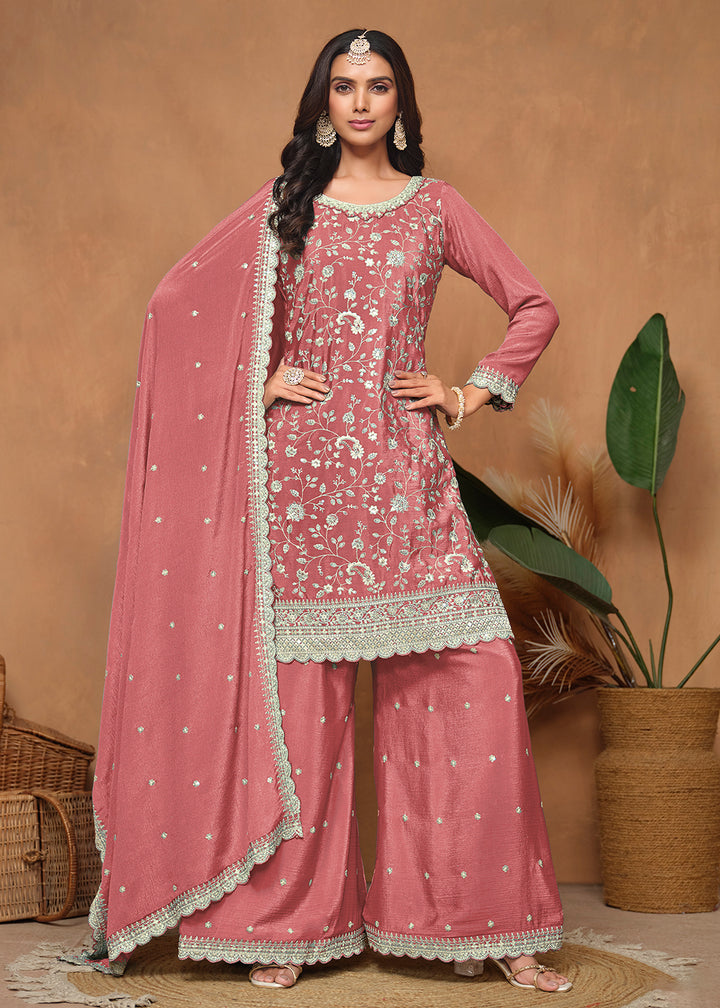 Buy Now Peach Chinnon Resham & Sequins Embroidered Palazzo Suit Online in USA, UK, Canada, Germany, Australia & Worldwide at Empress Clothing. 