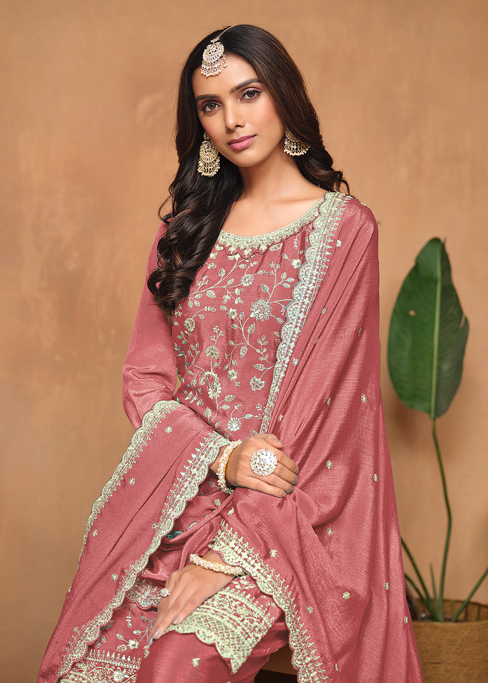 Buy Now Peach Chinnon Resham & Sequins Embroidered Palazzo Suit Online in USA, UK, Canada, Germany, Australia & Worldwide at Empress Clothing. 