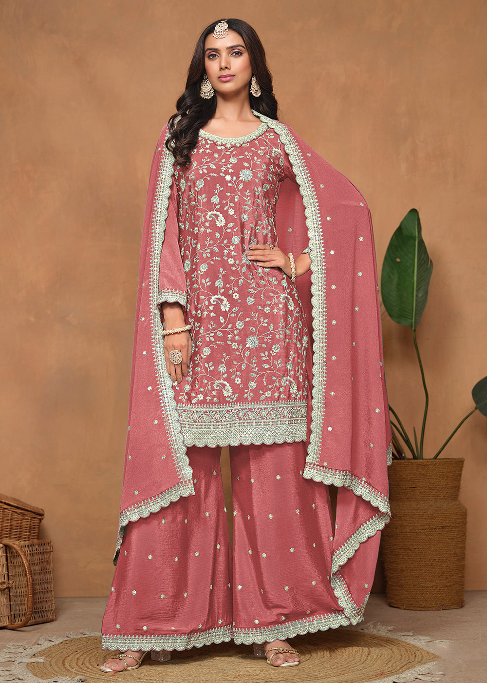 Buy Now Peach Chinnon Resham & Sequins Embroidered Palazzo Suit Online in USA, UK, Canada, Germany, Australia & Worldwide at Empress Clothing. 