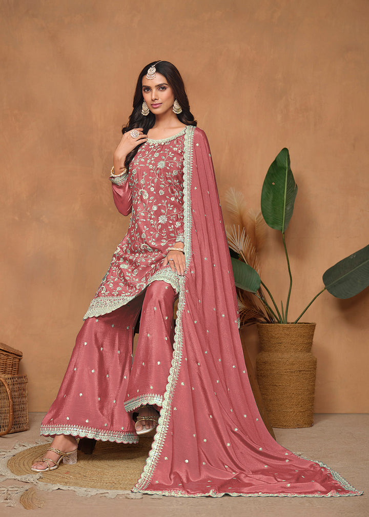 Buy Now Peach Chinnon Resham & Sequins Embroidered Palazzo Suit Online in USA, UK, Canada, Germany, Australia & Worldwide at Empress Clothing. 