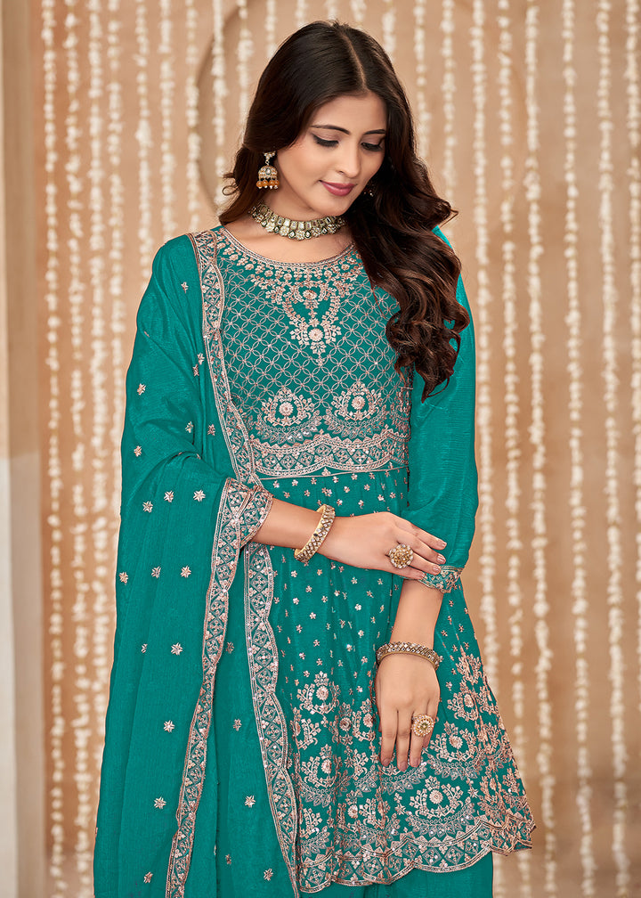 Buy Now Palazzo Style Rama Green Embroidered Wedding Festive Suit Online in USA, UK, Canada, Germany, Australia & Worldwide at Empress Clothing. 