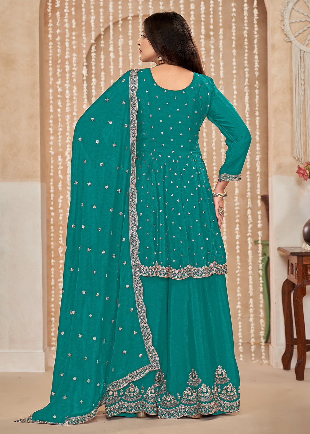 Buy Now Palazzo Style Rama Green Embroidered Wedding Festive Suit Online in USA, UK, Canada, Germany, Australia & Worldwide at Empress Clothing. 