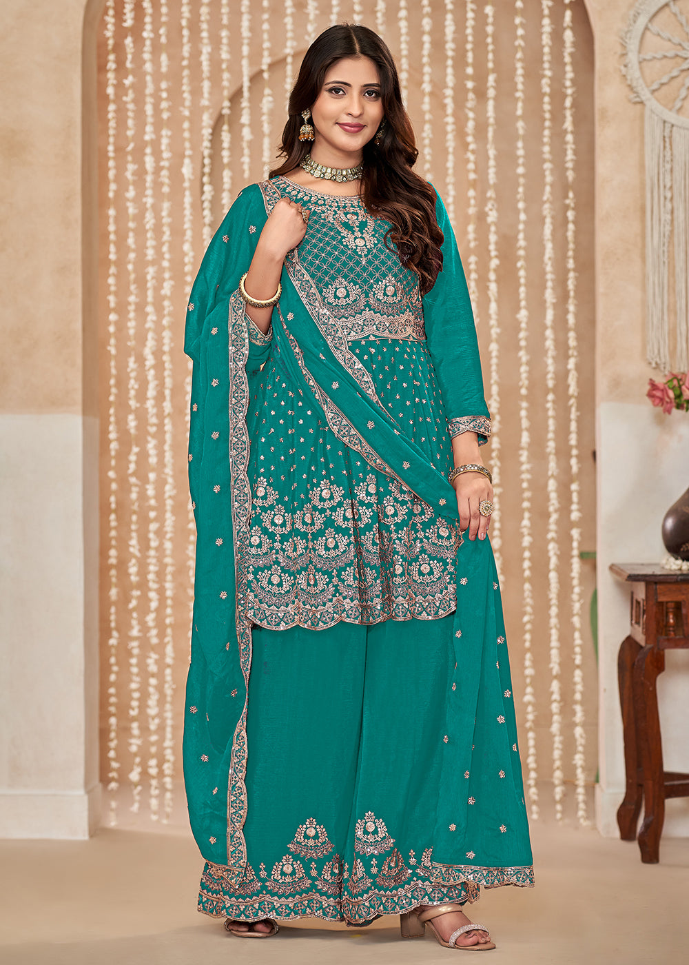 Buy Now Palazzo Style Rama Green Embroidered Wedding Festive Suit Online in USA, UK, Canada, Germany, Australia & Worldwide at Empress Clothing. 