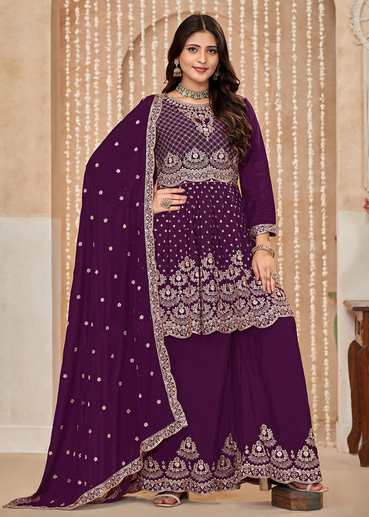 Buy Now Palazzo Style Purple Embroidered Wedding Festive Suit Online in USA, UK, Canada, Germany, Australia & Worldwide at Empress Clothing. 