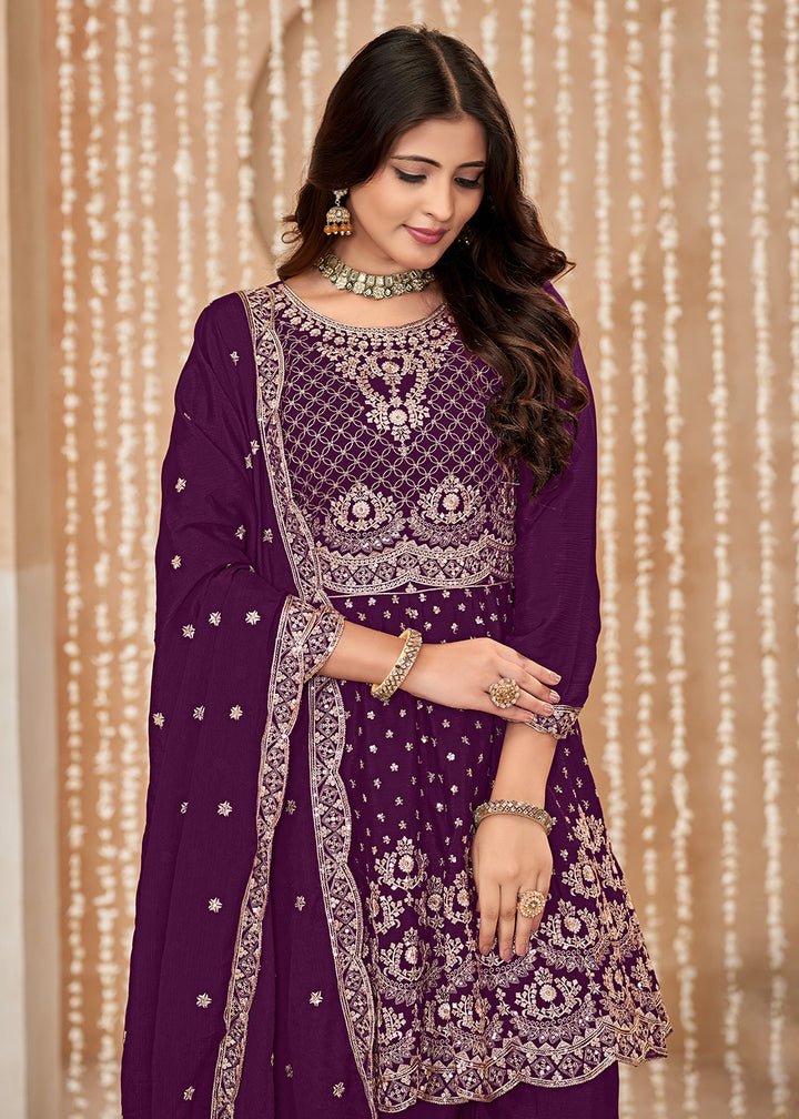 Buy Now Palazzo Style Purple Embroidered Wedding Festive Suit Online in USA, UK, Canada, Germany, Australia & Worldwide at Empress Clothing. 