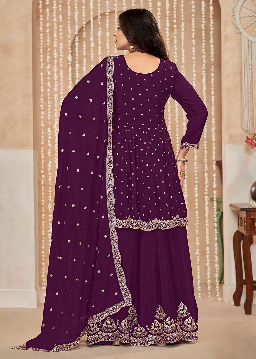 Buy Now Palazzo Style Purple Embroidered Wedding Festive Suit Online in USA, UK, Canada, Germany, Australia & Worldwide at Empress Clothing. 