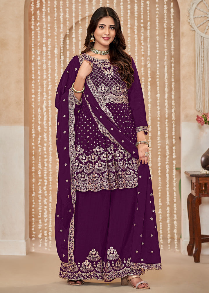 Buy Now Palazzo Style Purple Embroidered Wedding Festive Suit Online in USA, UK, Canada, Germany, Australia & Worldwide at Empress Clothing. 