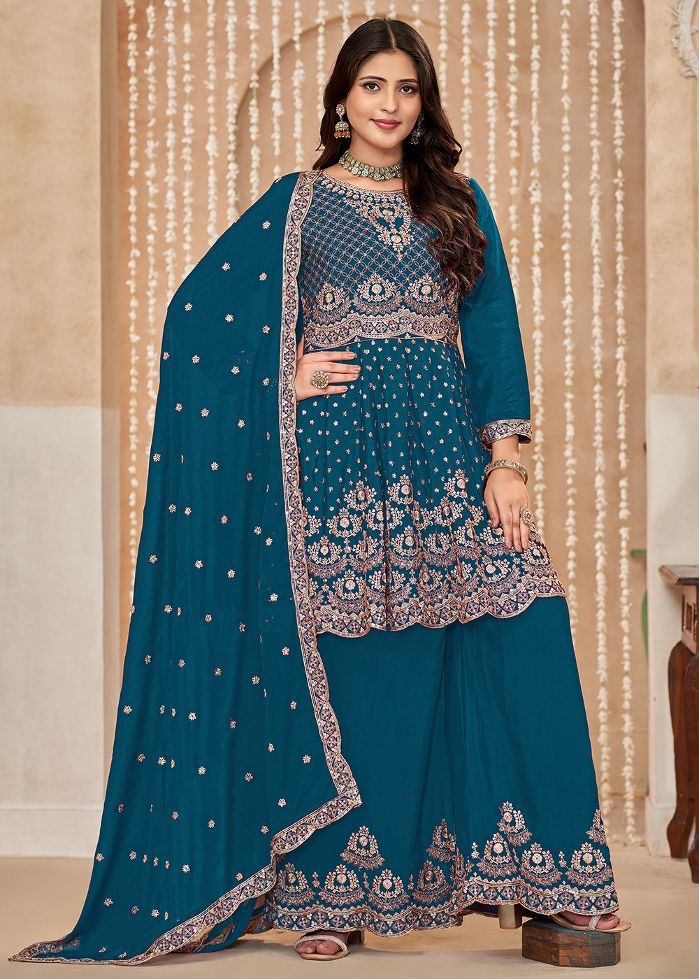 Buy Now Palazzo Style Blue Embroidered Wedding Festive Suit Online in USA, UK, Canada, Germany, Australia & Worldwide at Empress Clothing. 