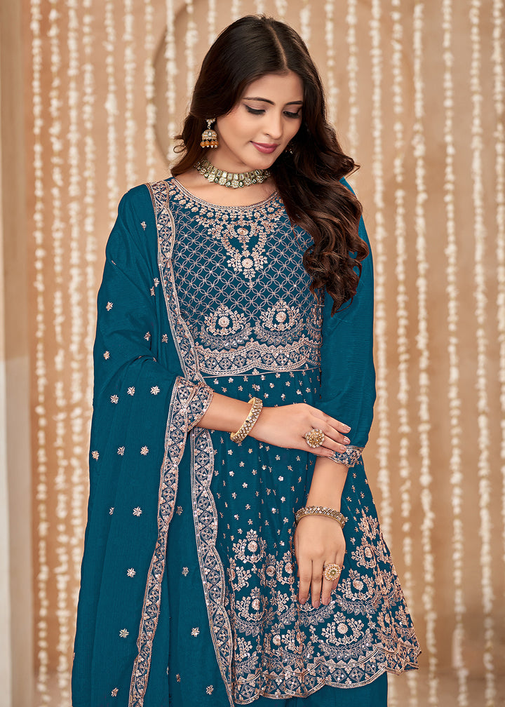 Buy Now Palazzo Style Blue Embroidered Wedding Festive Suit Online in USA, UK, Canada, Germany, Australia & Worldwide at Empress Clothing. 