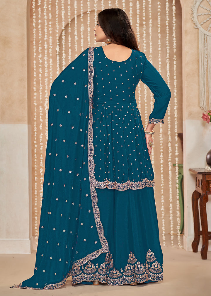 Buy Now Palazzo Style Blue Embroidered Wedding Festive Suit Online in USA, UK, Canada, Germany, Australia & Worldwide at Empress Clothing. 