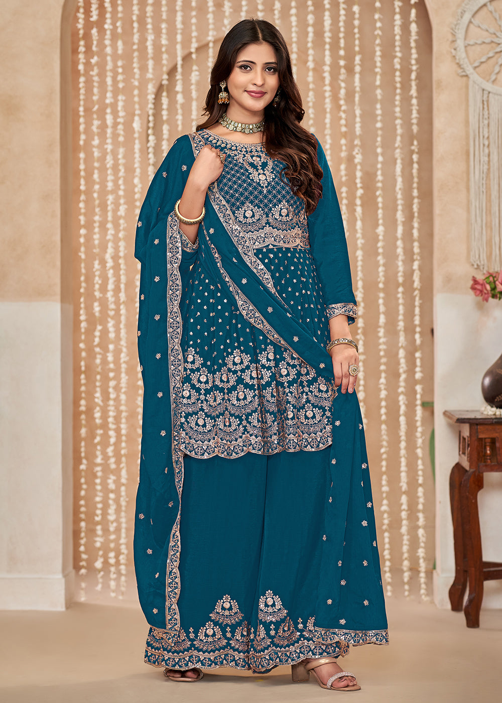 Buy Now Palazzo Style Blue Embroidered Wedding Festive Suit Online in USA, UK, Canada, Germany, Australia & Worldwide at Empress Clothing. 