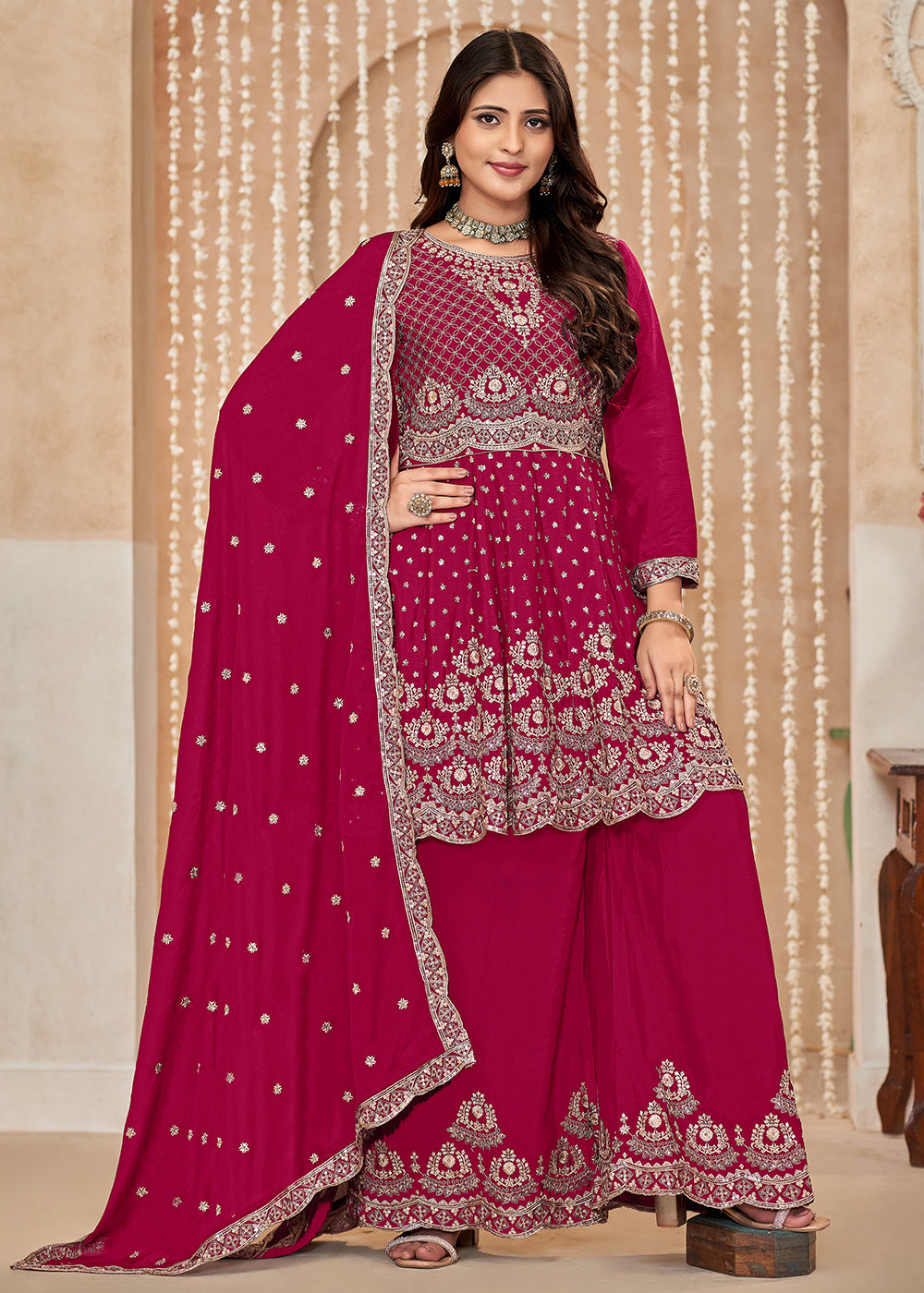 Buy Now Palazzo Style Rani Pink Embroidered Wedding Festive Suit Online in USA, UK, Canada, Germany, Australia & Worldwide at Empress Clothing.