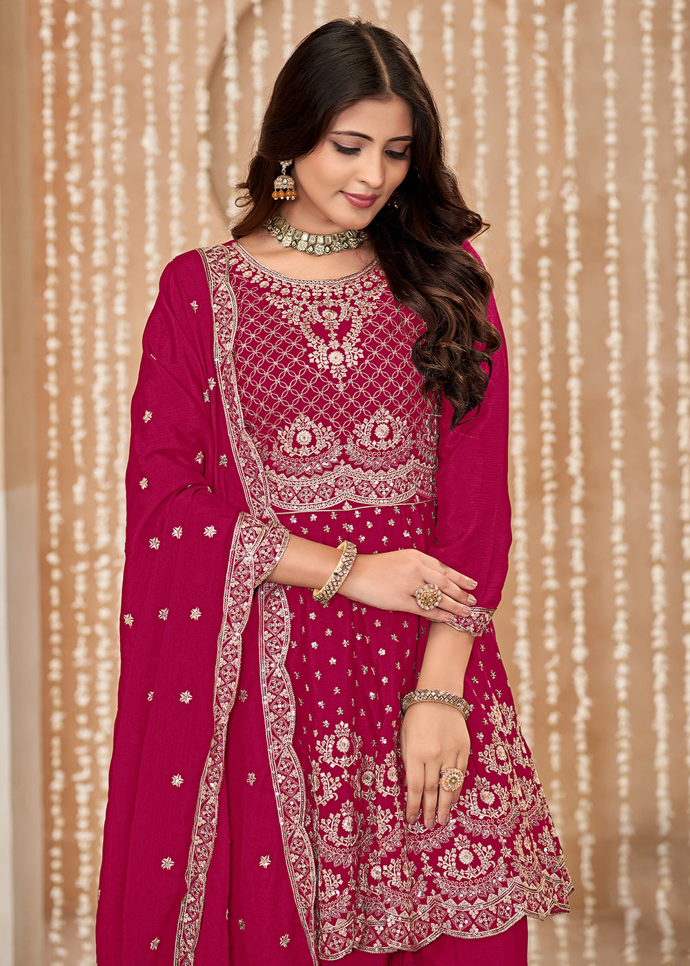 Buy Now Palazzo Style Rani Pink Embroidered Wedding Festive Suit Online in USA, UK, Canada, Germany, Australia & Worldwide at Empress Clothing.