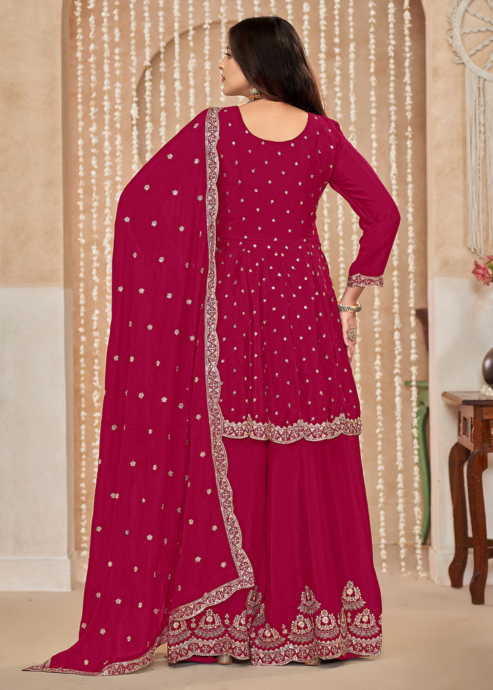 Buy Now Palazzo Style Rani Pink Embroidered Wedding Festive Suit Online in USA, UK, Canada, Germany, Australia & Worldwide at Empress Clothing.