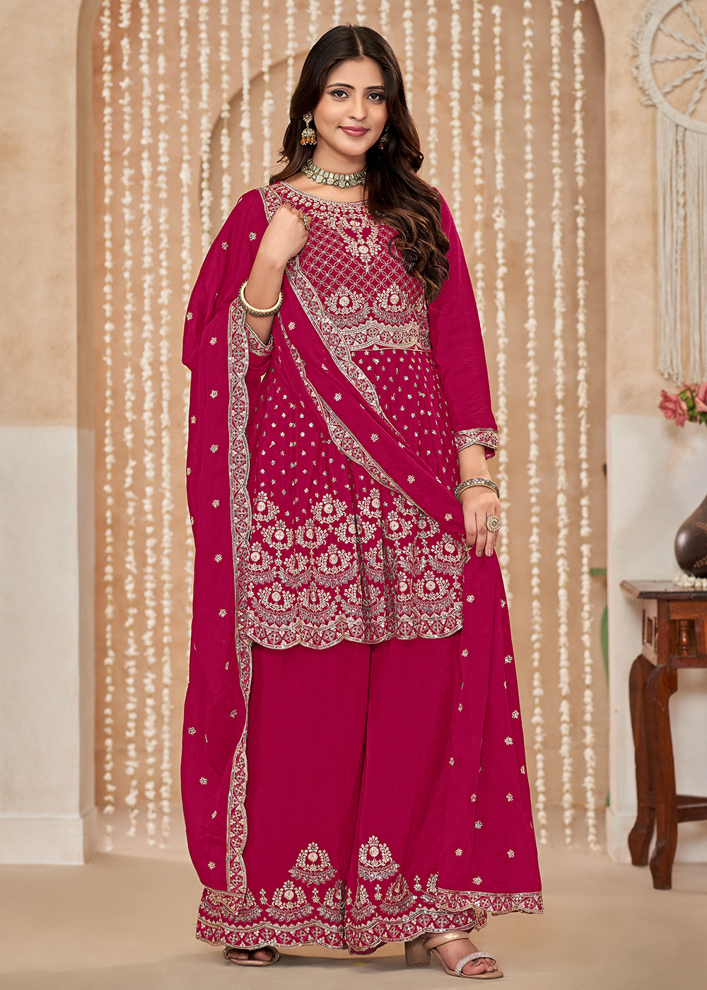 Buy Now Palazzo Style Rani Pink Embroidered Wedding Festive Suit Online in USA, UK, Canada, Germany, Australia & Worldwide at Empress Clothing.