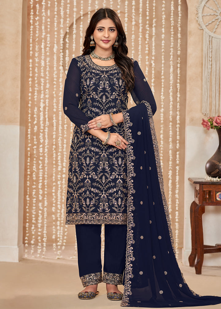 Buy Now Festive Style Blue Zari Embroidered Salwar Suit Online in USA, UK, Canada, Germany, Australia & Worldwide at Empress Clothing.