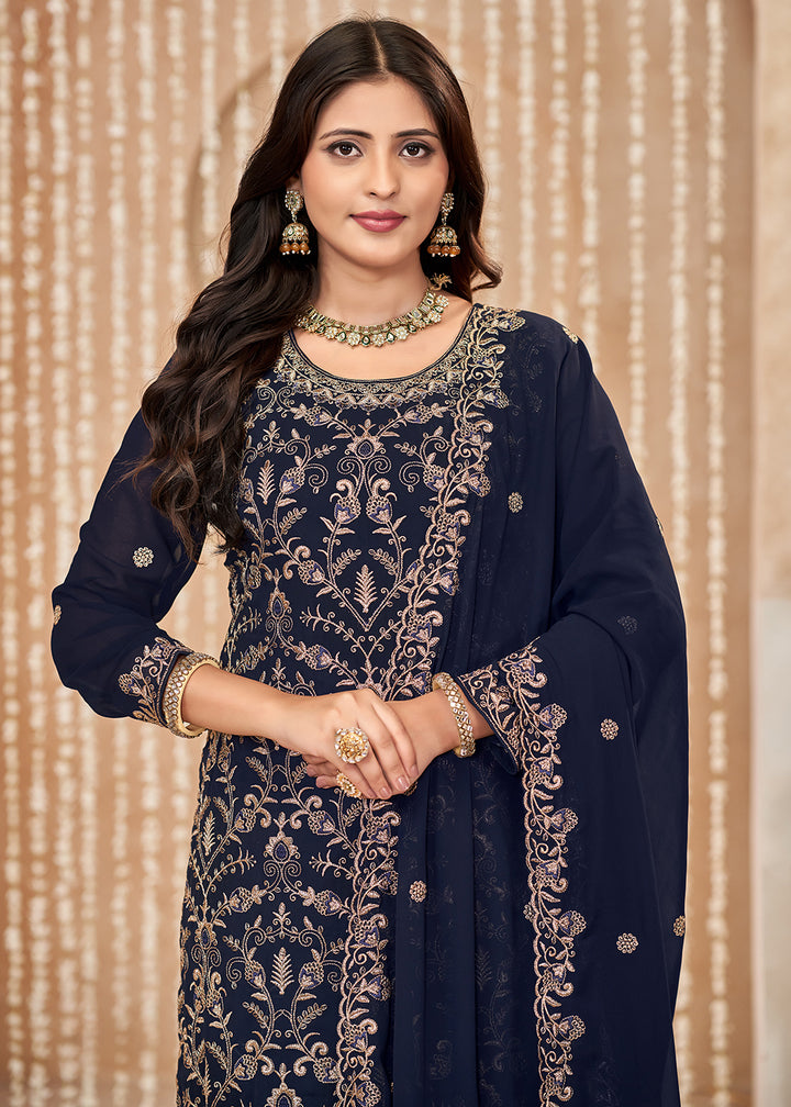 Buy Now Festive Style Blue Zari Embroidered Salwar Suit Online in USA, UK, Canada, Germany, Australia & Worldwide at Empress Clothing.