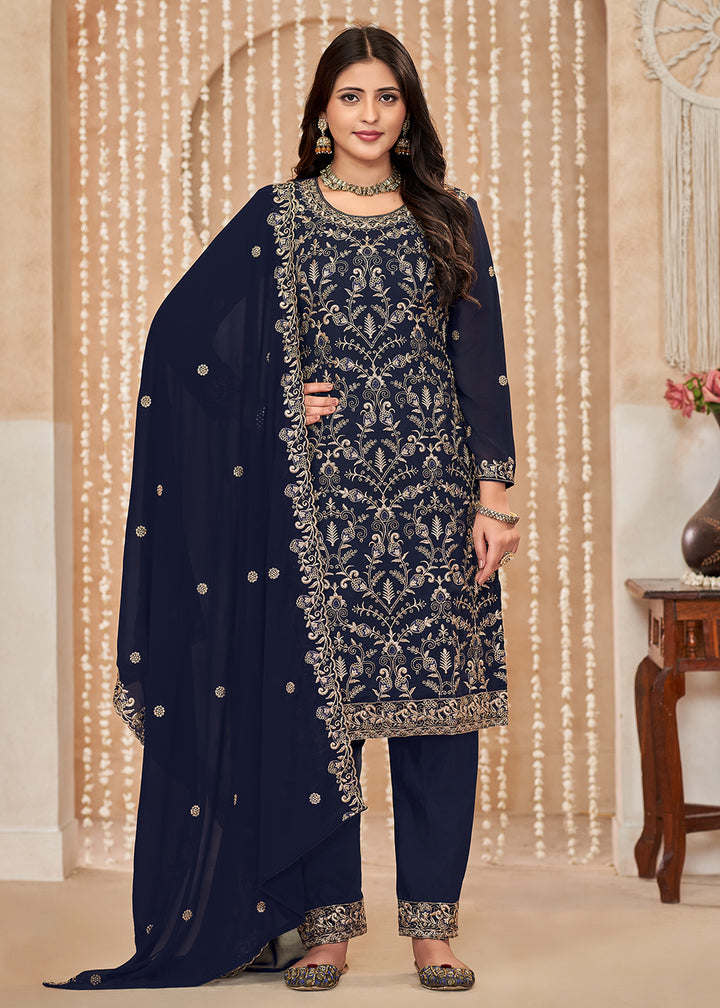 Buy Now Festive Style Blue Zari Embroidered Salwar Suit Online in USA, UK, Canada, Germany, Australia & Worldwide at Empress Clothing.