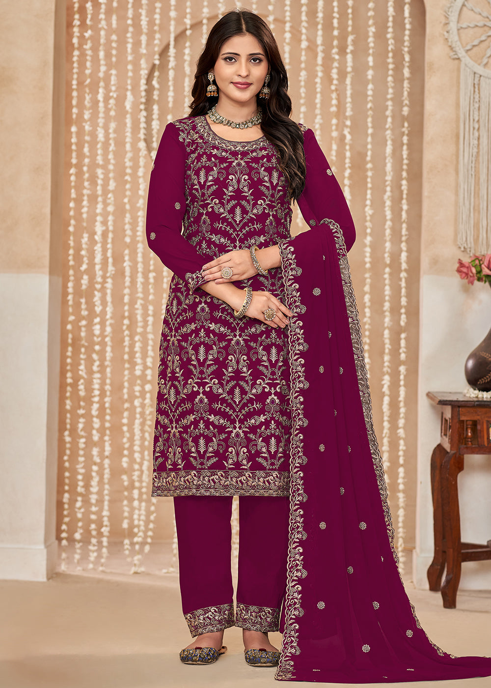 Buy Now Festive Style Magenta Zari Embroidered Salwar Suit Online in USA, UK, Canada, Germany, Australia & Worldwide at Empress Clothing.