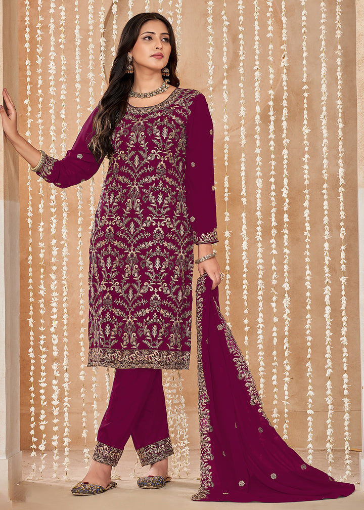 Buy Now Festive Style Magenta Zari Embroidered Salwar Suit Online in USA, UK, Canada, Germany, Australia & Worldwide at Empress Clothing.