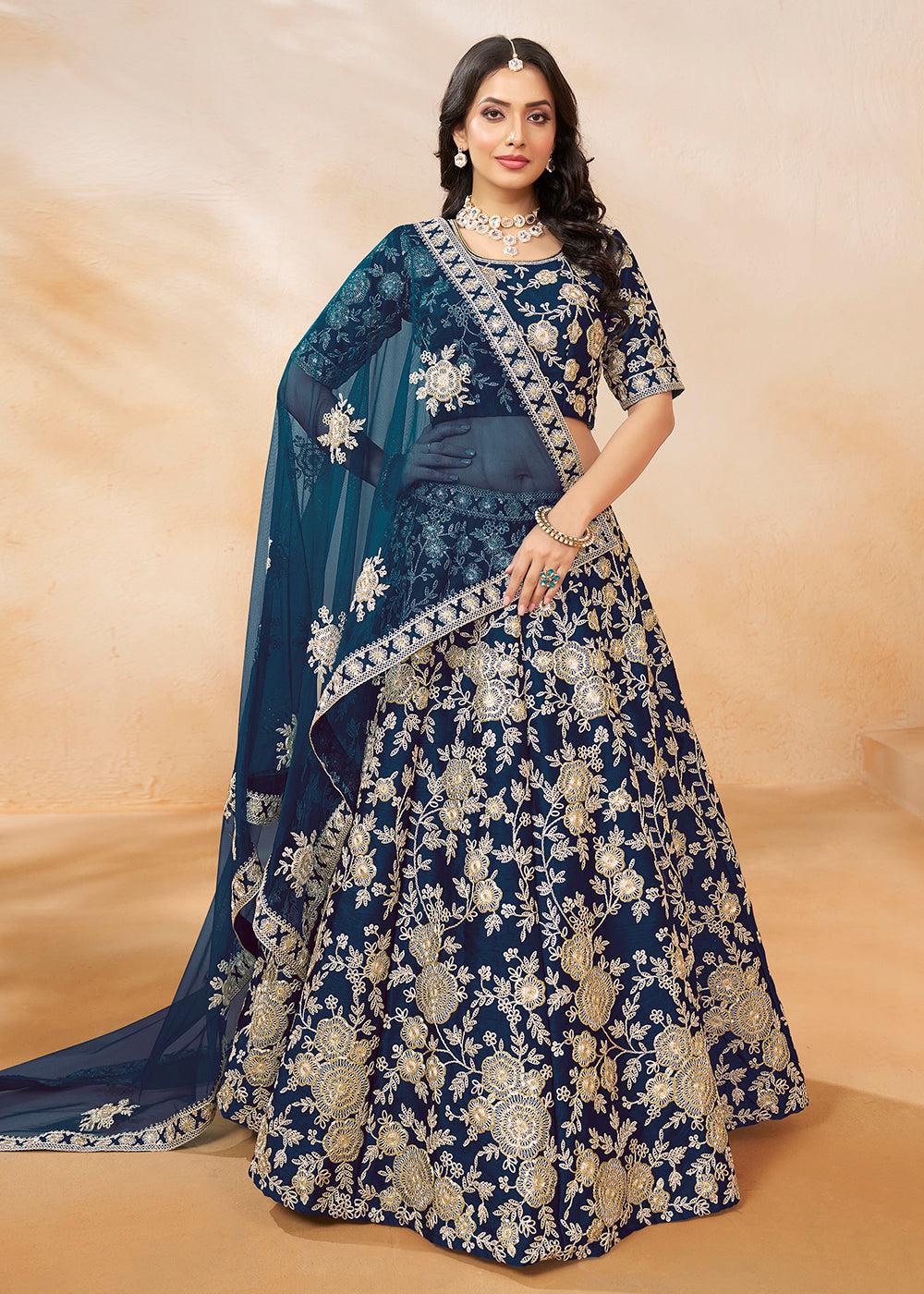 Buy Now Navy Blue Embroidered Art Silk Wedding Lehenga Choli Online in USA, UK, Canada, UAE & Worldwide at Empress Clothing