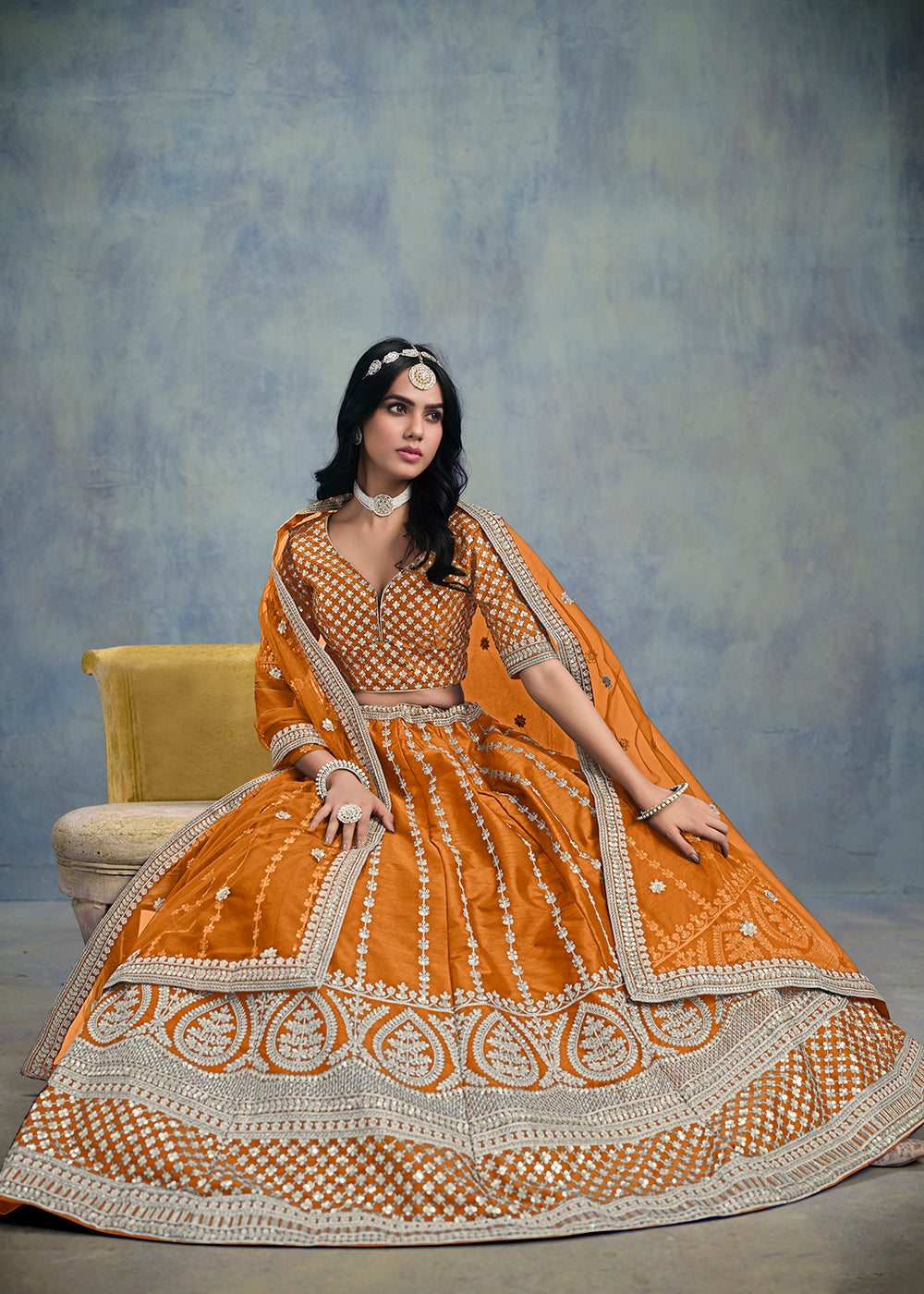 Buy Now Embroidered & Sequins Orange Wedding Lehenga Choli Online in USA, UK, Canada, France, Italy, Germany, Austria, UAE & Worldwide at Empress Clothing.