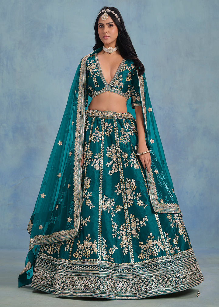 Buy Now Designer Rama Green Art Silk Wedding Lehenga Choli Online in USA, UK, Canada, France, Italy, Gerany, Austria, UAE & Worldwide at Empress Clothing.