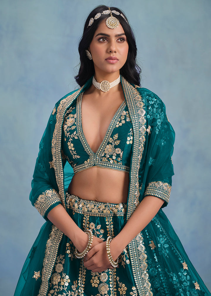 Buy Now Designer Rama Green Art Silk Wedding Lehenga Choli Online in USA, UK, Canada, France, Italy, Gerany, Austria, UAE & Worldwide at Empress Clothing.