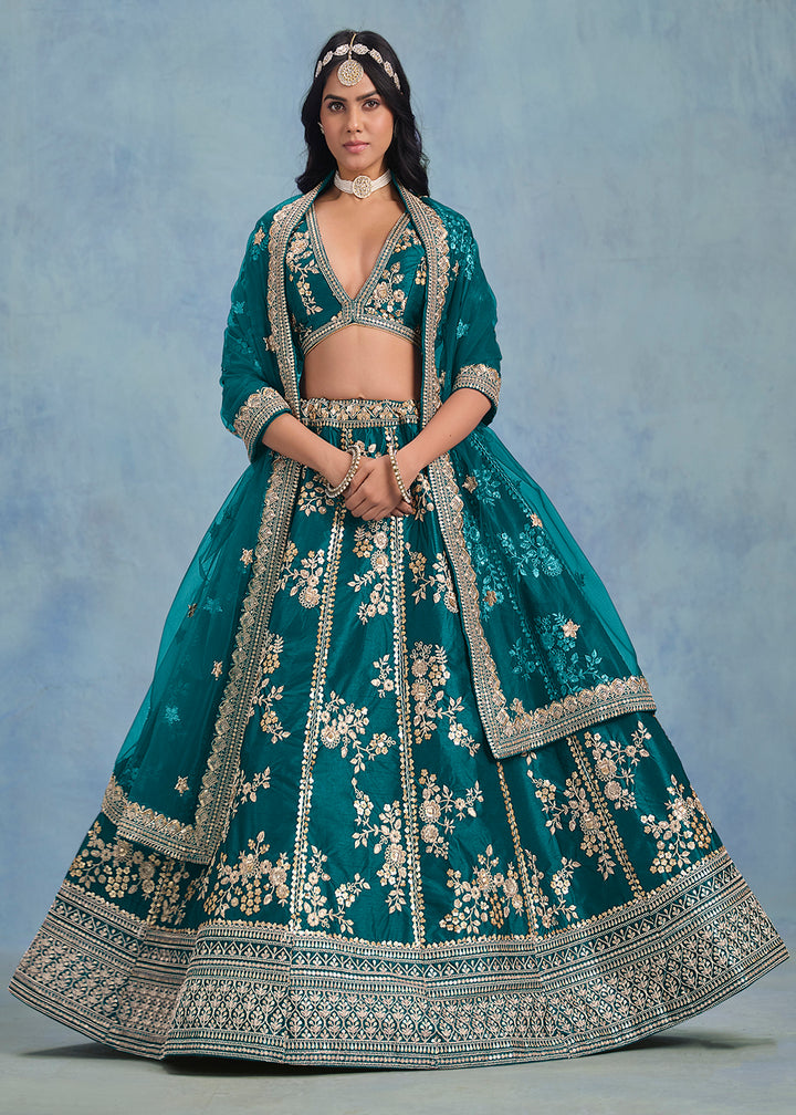 Buy Now Designer Rama Green Art Silk Wedding Lehenga Choli Online in USA, UK, Canada, France, Italy, Gerany, Austria, UAE & Worldwide at Empress Clothing.