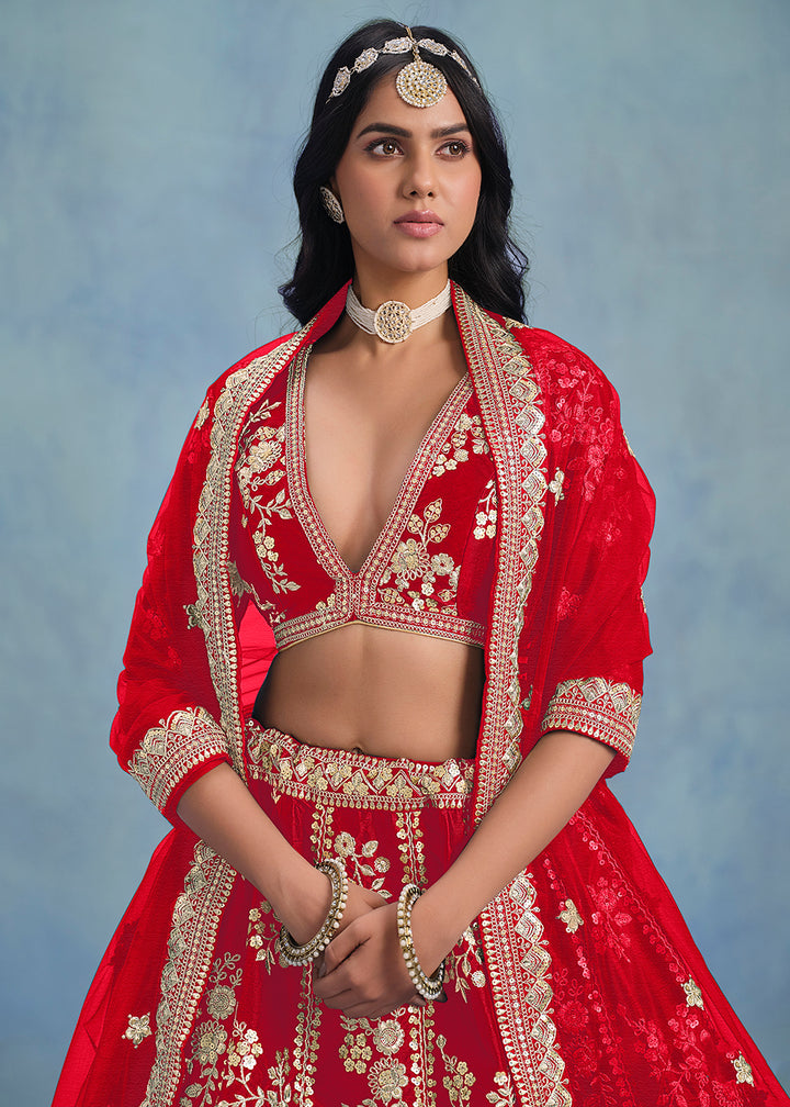 Buy Now Designer Lovely Red Art Silk Wedding Lehenga Choli Online in USA, UK, Canada, France, Italy, Gerany, Austria, UAE & Worldwide at Empress Clothing.