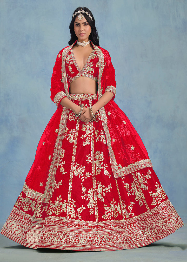 Buy Now Designer Lovely Red Art Silk Wedding Lehenga Choli Online in USA, UK, Canada, France, Italy, Gerany, Austria, UAE & Worldwide at Empress Clothing.