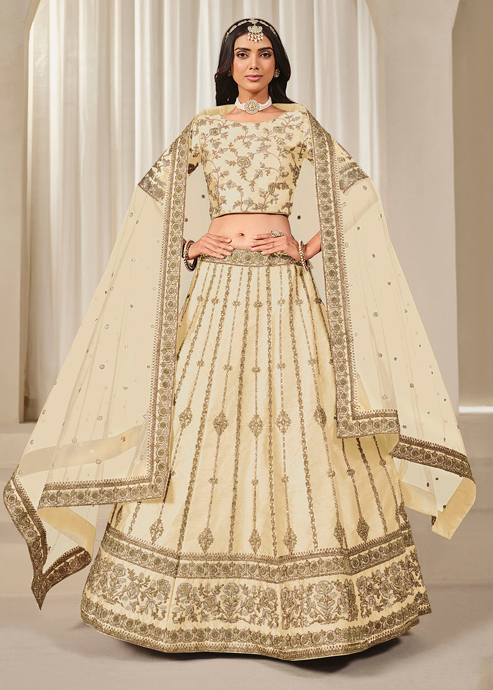 Buy Now Ivory Embroidered Art Silk Wedding Lehenga Choli Online in USA, UK, Canada, France, Italy, Germany, Australia, UAE & Worldwide at Empress Clothing.